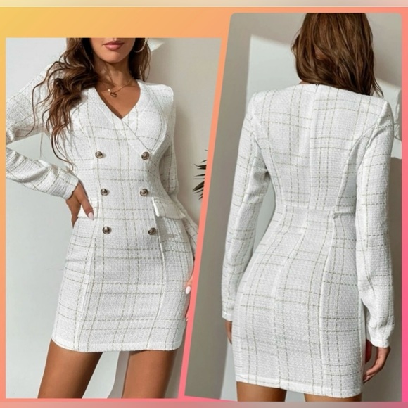 Shein White Plaid & Gold Button Detail Tweed Dress - Picture 5 of 5